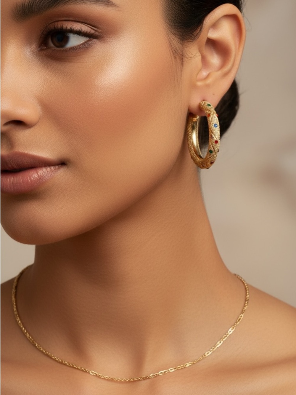Gold Plated Rainbow CZ Accented Hoop Earrings.